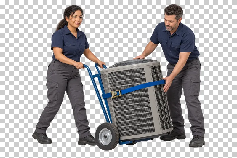 A female technician guiding a hand truck with a strapped condenser while a male technician steadies the complete unit.