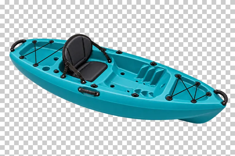 A teal recreational sit-on-top kayak with one black seat, molded foot wells, carry handles and deck bungees.