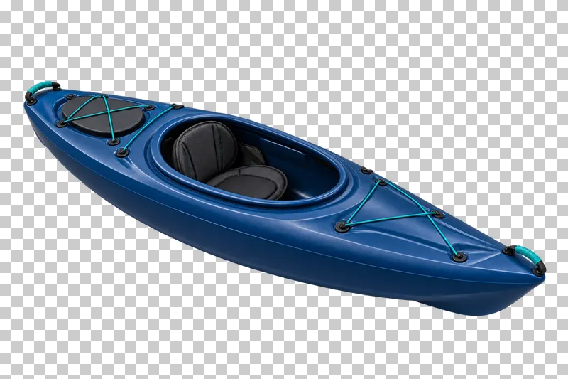 A navy recreational sit-in kayak with one oval cockpit, black seat and teal deck cords.
