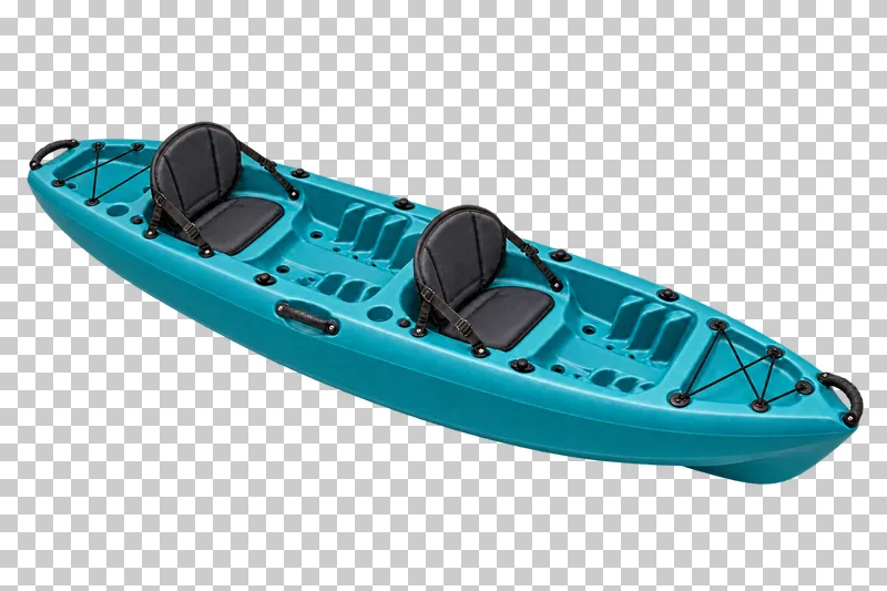A long teal tandem sit-on-top kayak with two black seats and two molded foot-well areas.