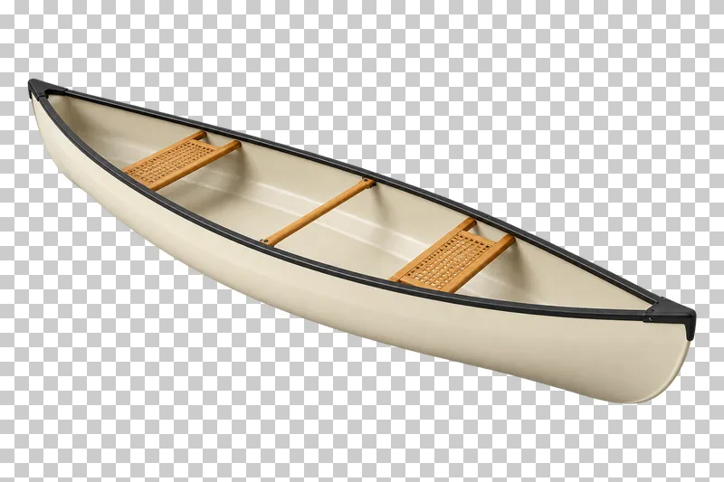 A cream open canoe with dark gunwales, two wooden webbed seats and a central wooden brace.