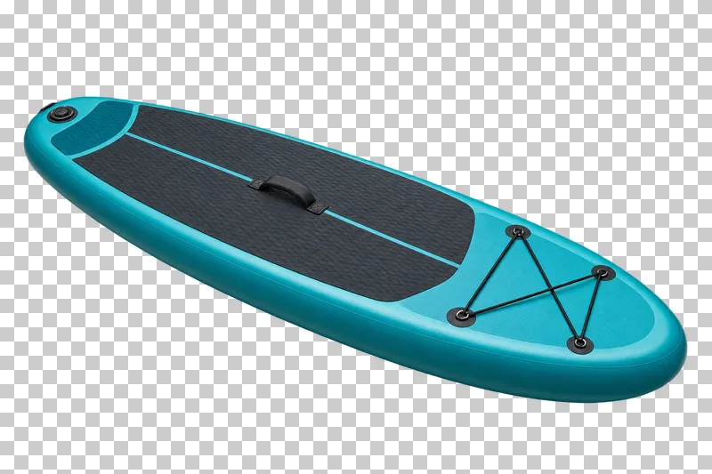 A teal inflatable all-around paddleboard with rounded rails, dark standing pad, handle and bow bungee.