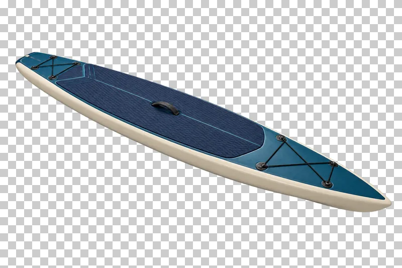 A slender rigid touring paddleboard with cream rails, pointed bow, navy standing pad and deck cords.