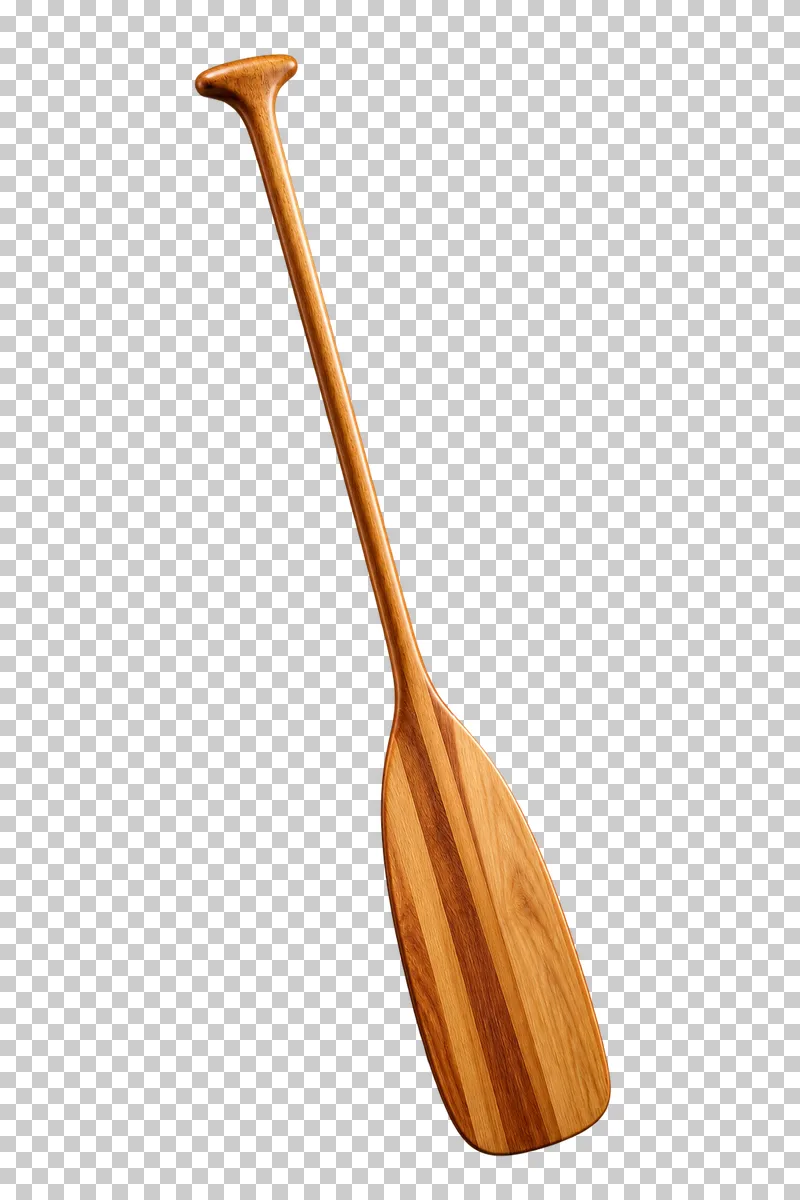 A varnished wooden canoe paddle with a broad single blade and shaped palm grip.