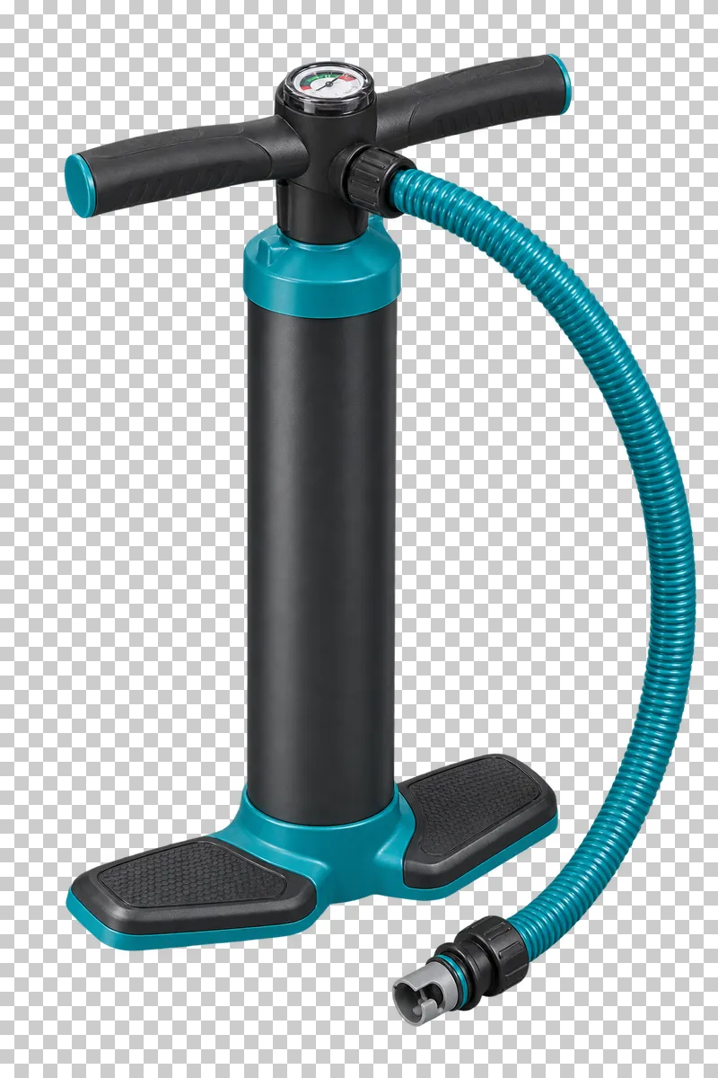A charcoal and teal SUP hand pump with a T handle, gauge, foot base and attached inflation hose.