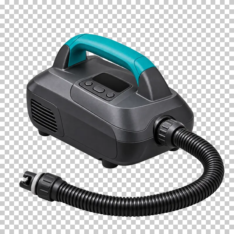 A compact charcoal electric SUP pump with a teal handle and one open curved hose ending in a free adapter.