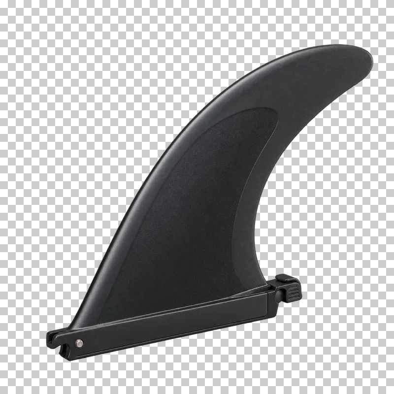 A swept charcoal removable SUP fin with a slide-in mounting base and locking feature.
