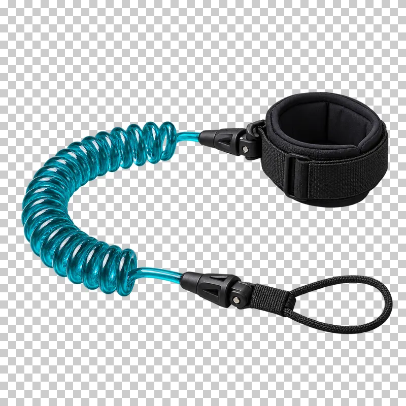 A translucent teal coiled SUP leash with a black padded ankle cuff and board-attachment loop.