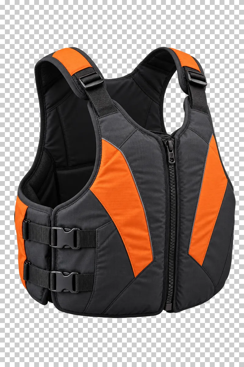 A charcoal paddling buoyancy vest with orange panels, a front zipper and adjustable straps.
