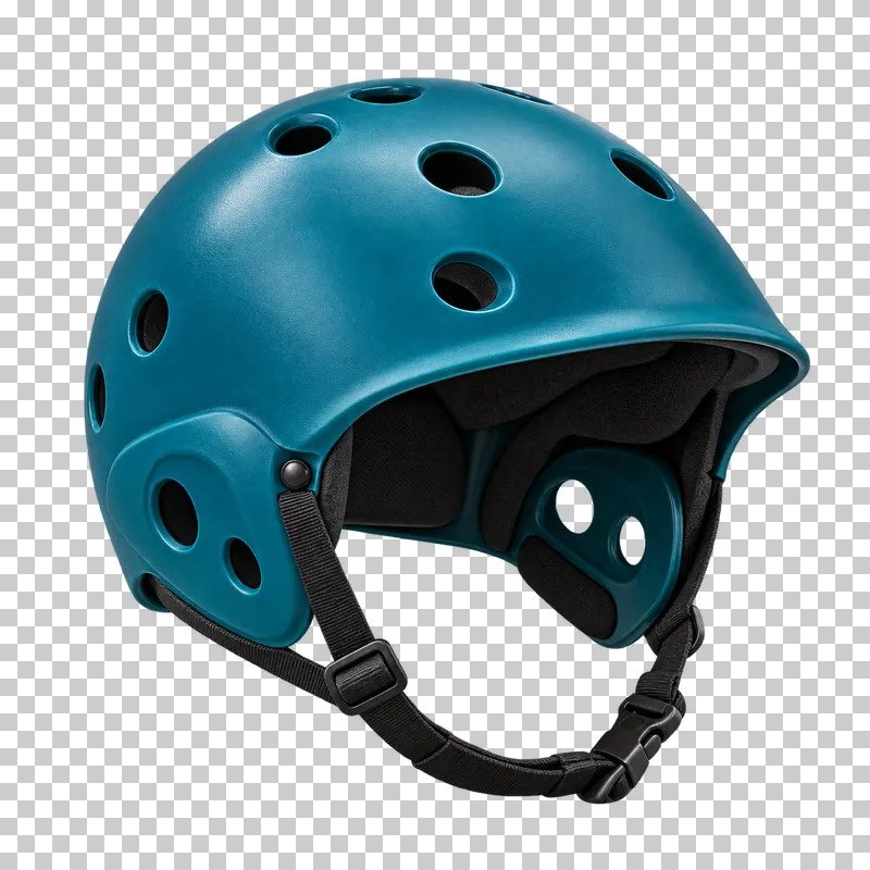 A teal paddling helmet with round drainage holes, ear coverage and a black chin strap.