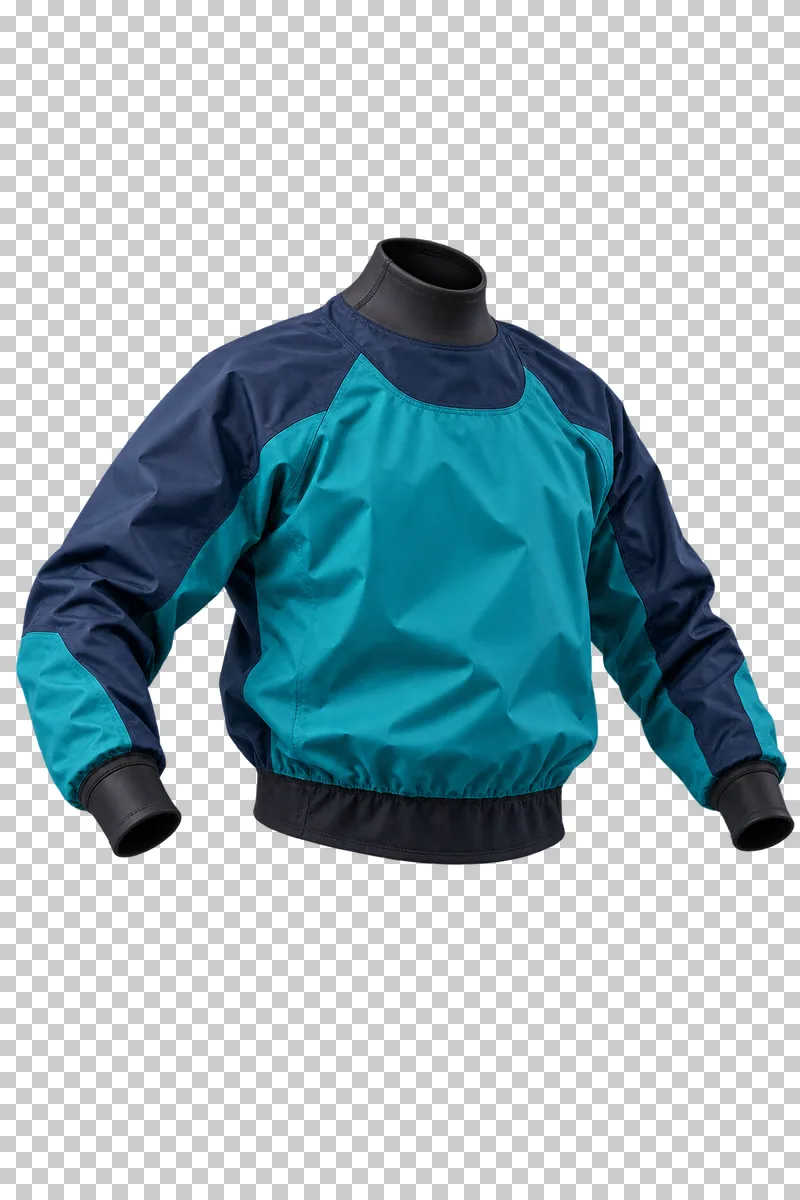 An empty navy and teal paddling splash pullover with dark neck, wrist and waist seals.