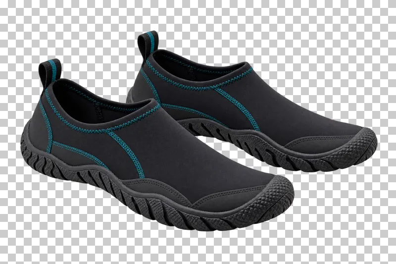 A matched pair of black neoprene water shoes with teal stitching, rubber soles and heel loops.