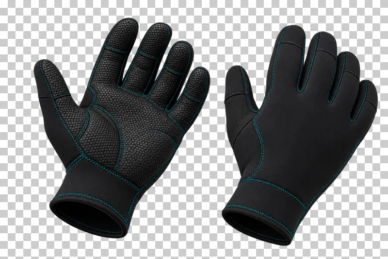 A matched pair of black full-finger neoprene gloves showing a textured palm and plain back.