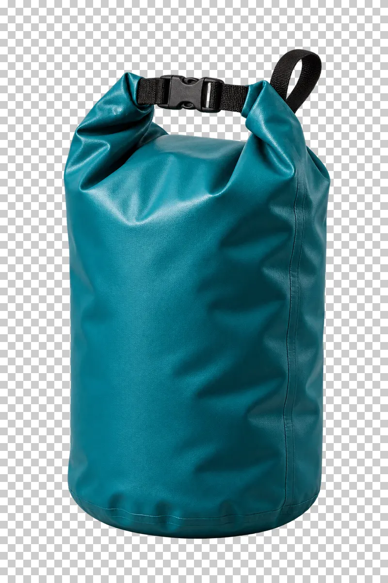 A closed teal roll-top dry bag with a black buckle, carry loop and coated fabric seams.