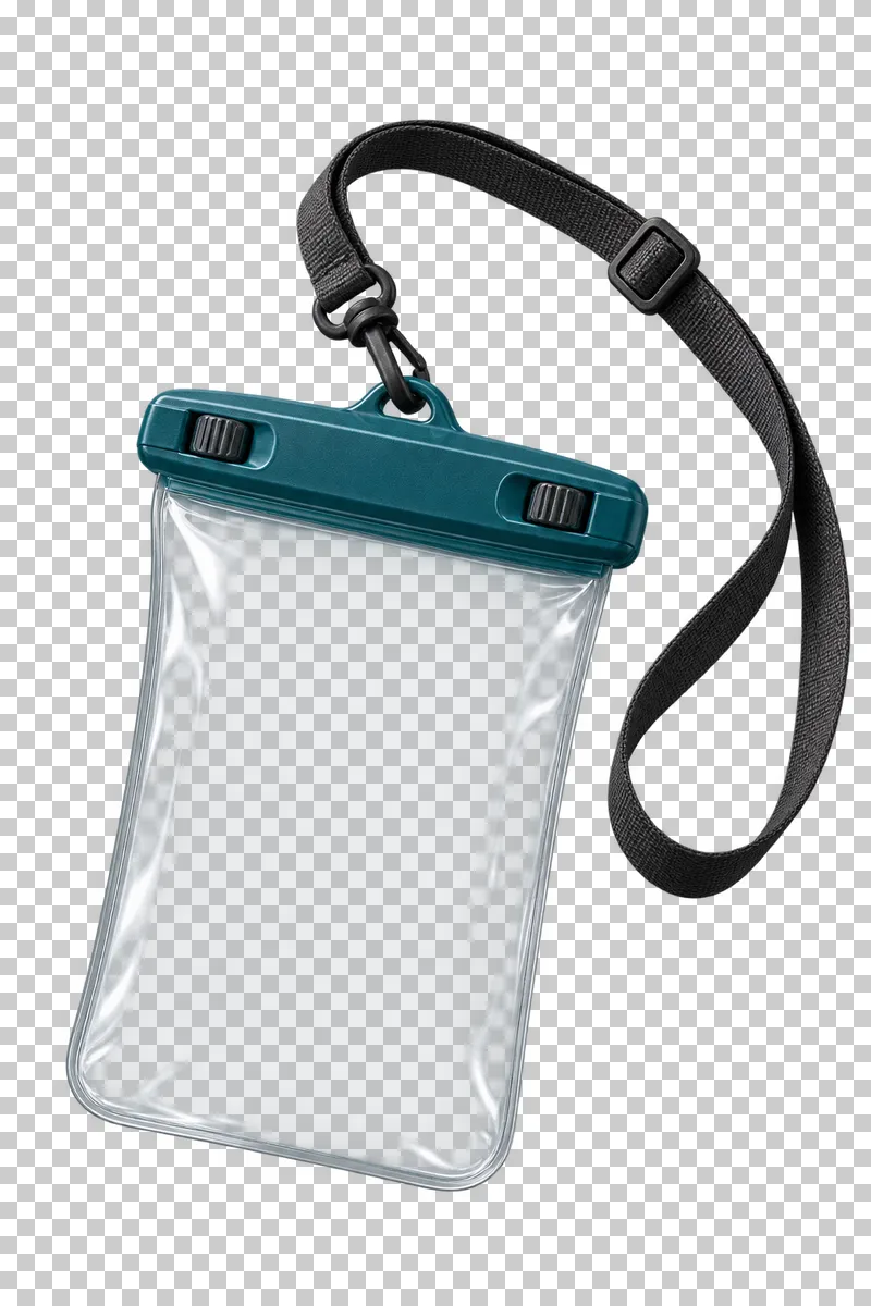 An empty clear waterproof phone pouch with a teal sealing top and an attached black lanyard.