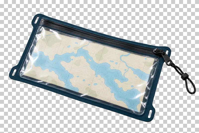 A landscape waterproof map case with navy edging, a tether and a fictional cream and blue chart.