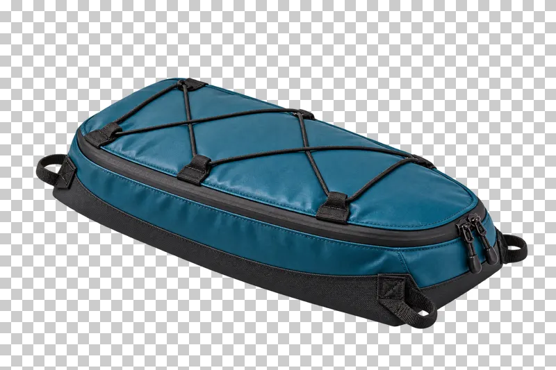 A low navy kayak deck bag with a closed zipper, black top bungee and sewn attachment loops.