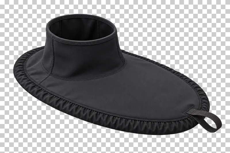 A black neoprene kayak spray skirt with an oval elastic rim, upright waist tunnel and front grab loop.