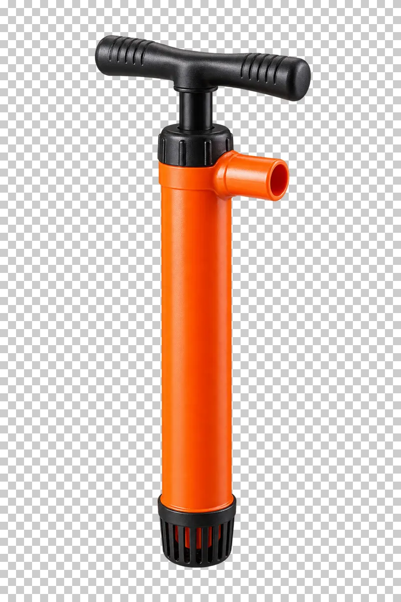 An orange manual kayak bilge pump with a black T handle, side discharge nozzle and inlet strainer.