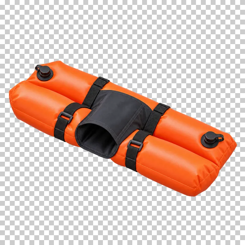 An orange inflatable two-chamber paddle float with a dark blade sleeve, straps and two valves.
