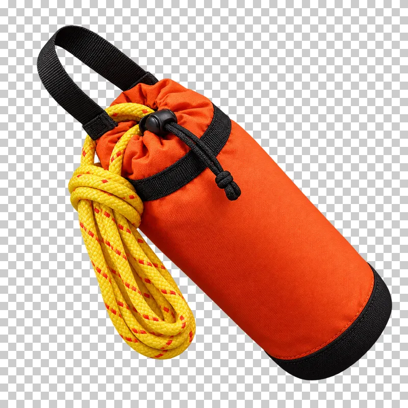 An orange rescue throw bag with a black grab loop and a coiled yellow floating rope.