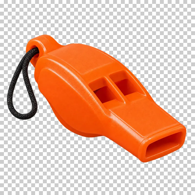 An orange pea-less safety whistle with a narrow mouthpiece, two sound slots and a black cord loop.