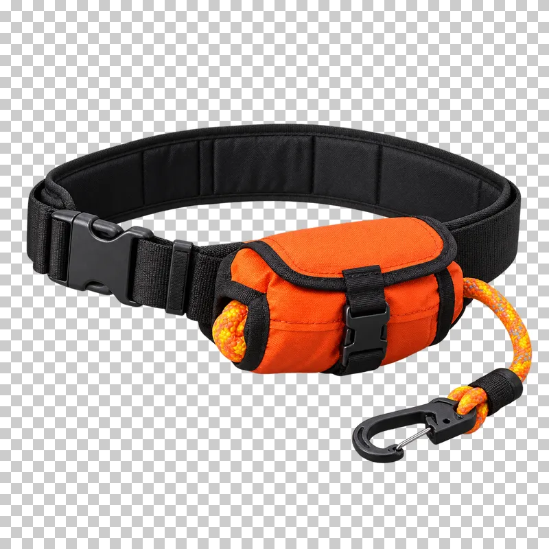 A black waist belt with an orange towline pouch and a short rope ending in a dark attachment clip.