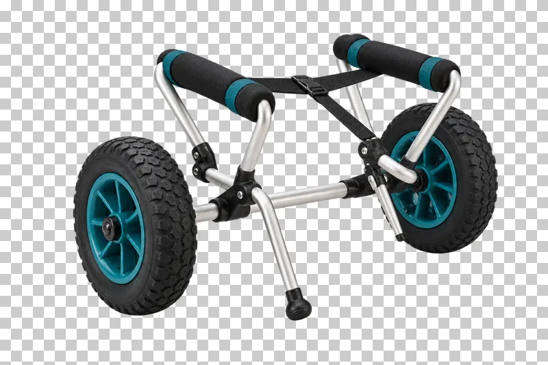 A folding aluminum kayak trolley with two rubber wheels, padded supports and a securing strap.