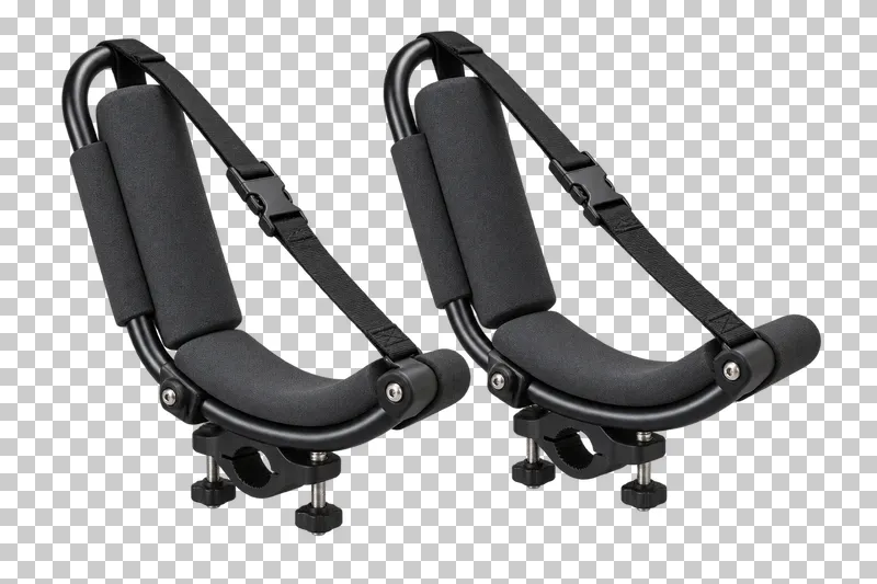 A matched pair of padded black J-shaped kayak roof cradles with straps and clamp bases.