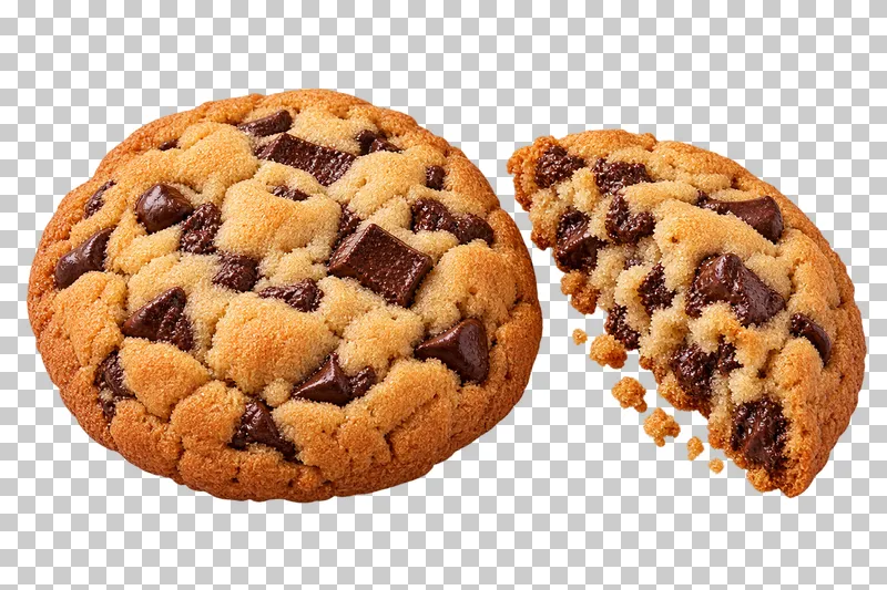 Whole chocolate-chip cookie beside a broken half with exposed crumb and chocolate pieces