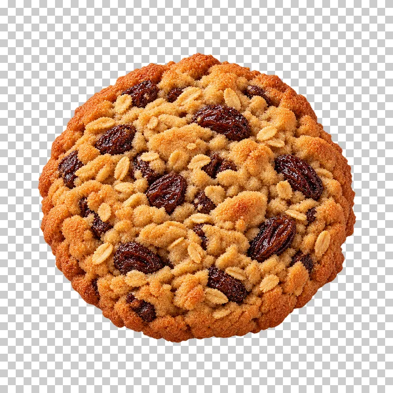 Round oatmeal raisin cookie with small oat flakes and baked raisins