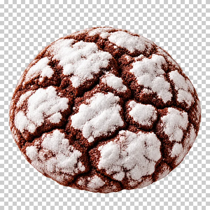 Whole cocoa crinkle cookie with powdered sugar and irregular dark cracks