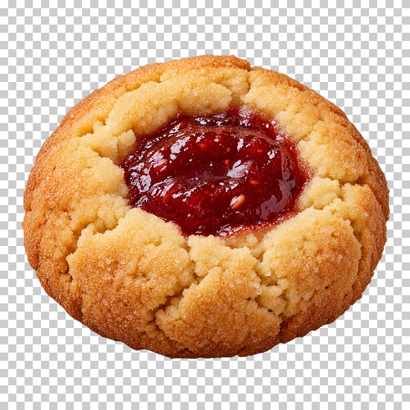 Thick butter thumbprint cookie with red jam in a pressed cavity