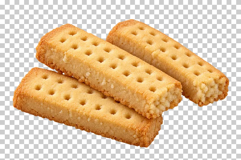 Three rectangular plain shortbread fingers with docking holes