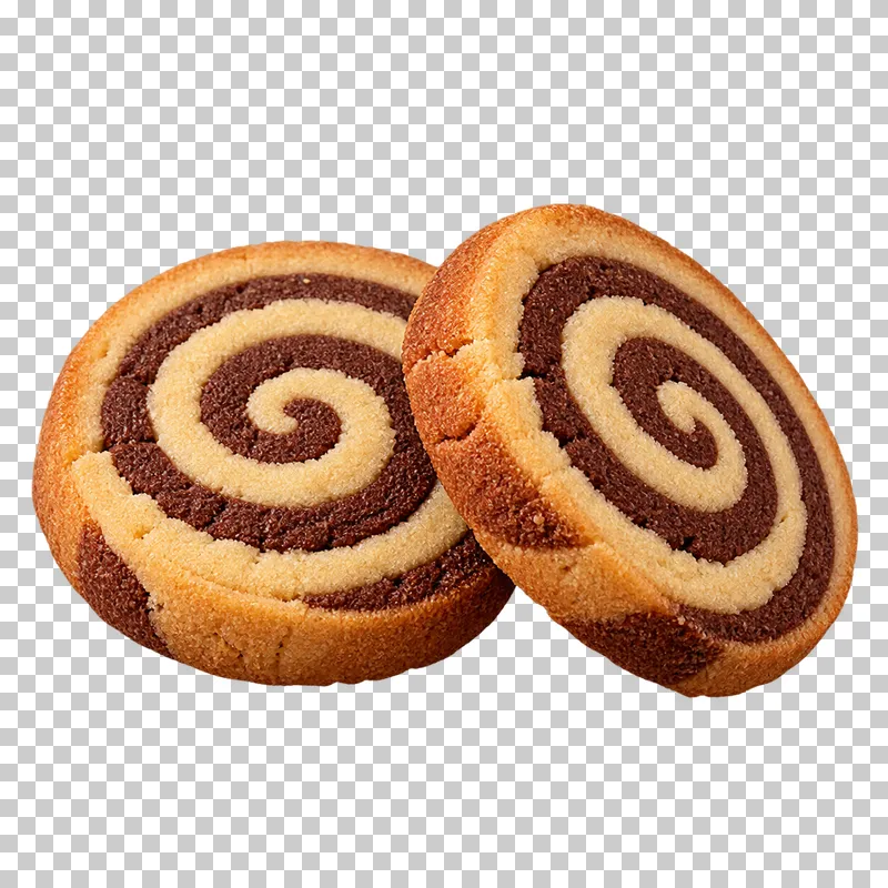Two round cocoa and vanilla pinwheel biscuits