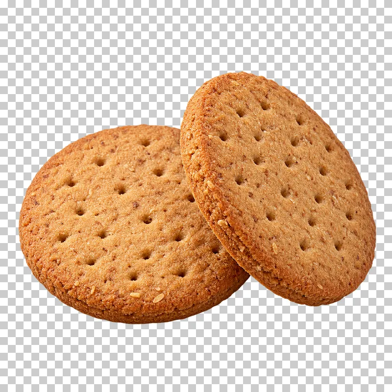 Two round wholemeal digestive biscuits with small docking holes