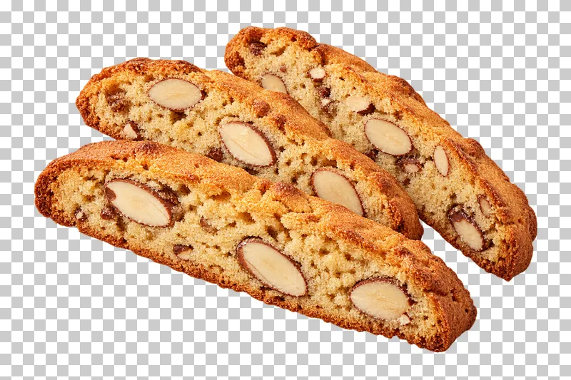 Three almond biscotti slices showing dry crumb and almond cross-sections