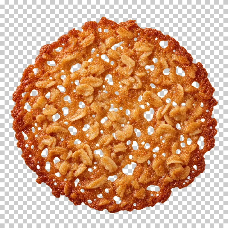 Thin caramelized oat lace cookie with irregular transparent openings