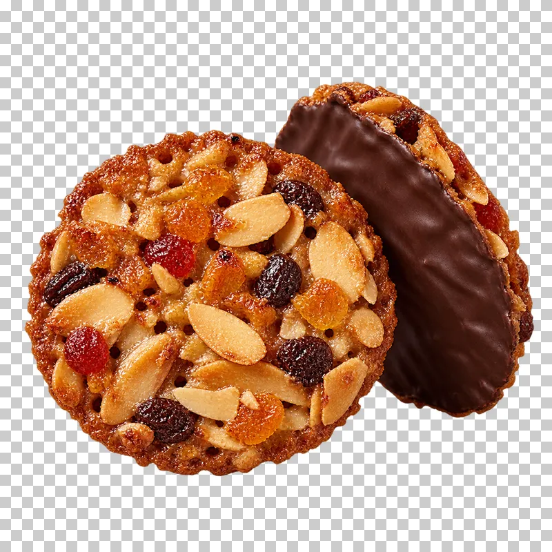 Two almond and candied-fruit Florentines, one showing its chocolate underside