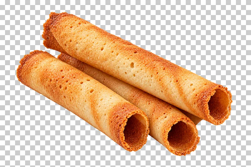 Three hollow golden rolled tuile biscuit tubes with open ends