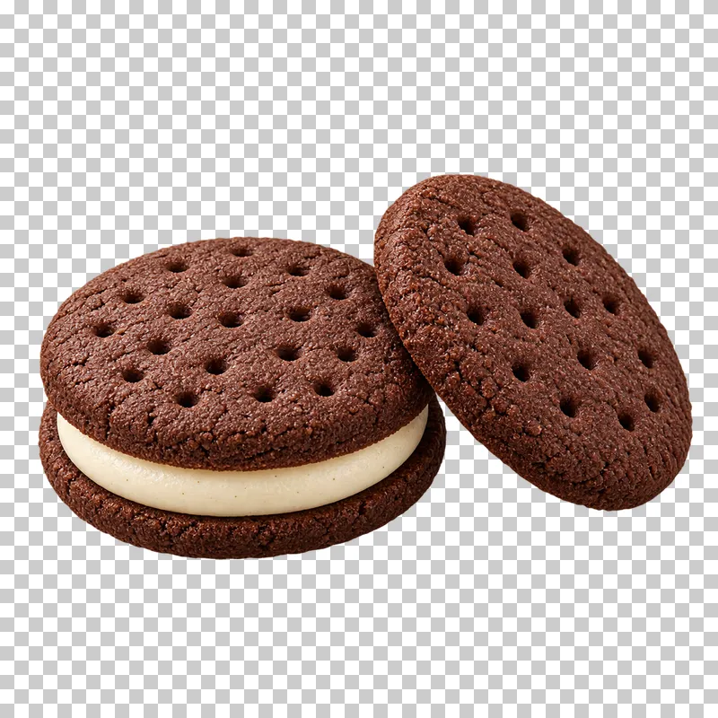 Dark cocoa cream sandwich cookie beside a separate cocoa biscuit lid