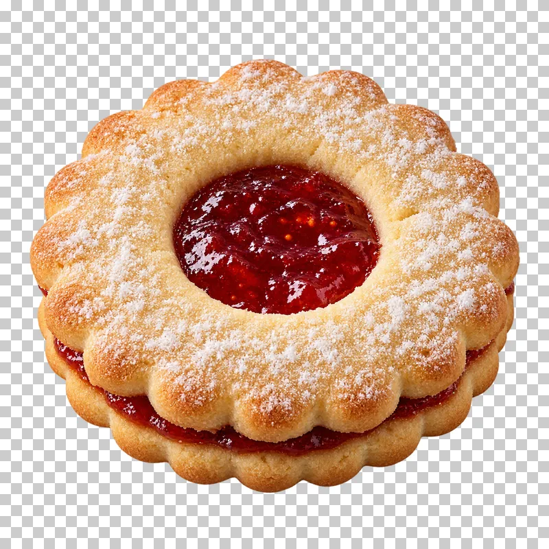 Scalloped Linzer sandwich cookie with a circular red jam window