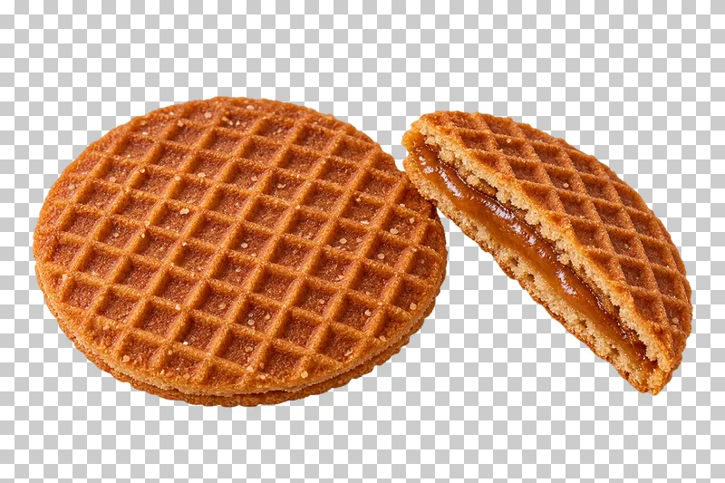 Whole caramel stroopwafel beside a cut half showing its thin filling