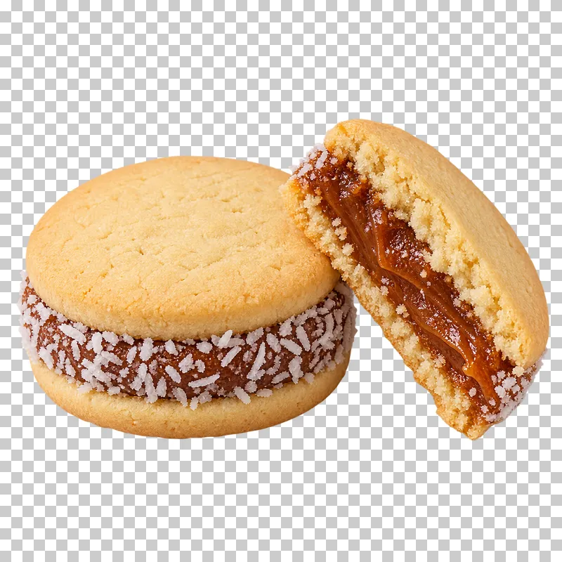 Pale dulce de leche alfajor beside a cut half with caramel and coconut edging