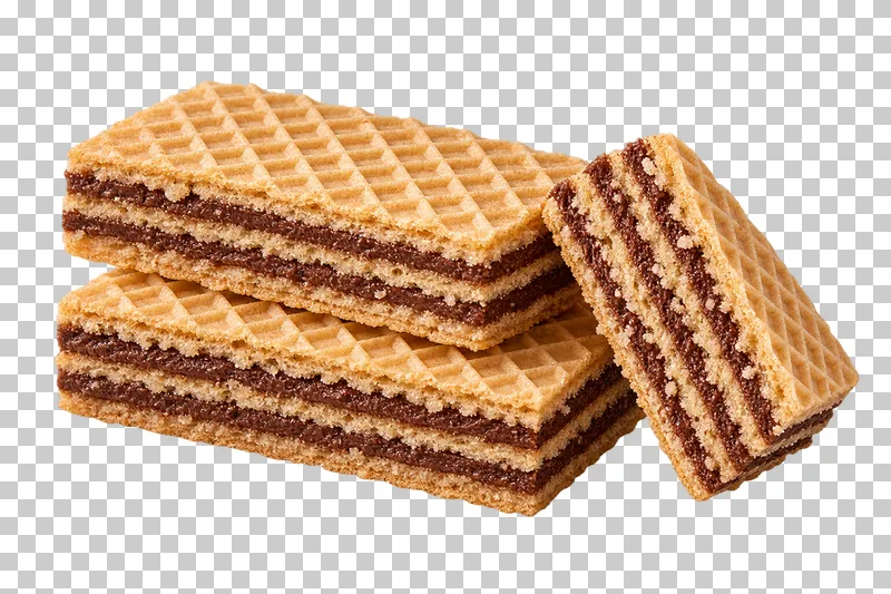 Offset layered wafer sandwiches beside a cut piece showing chocolate cream layers