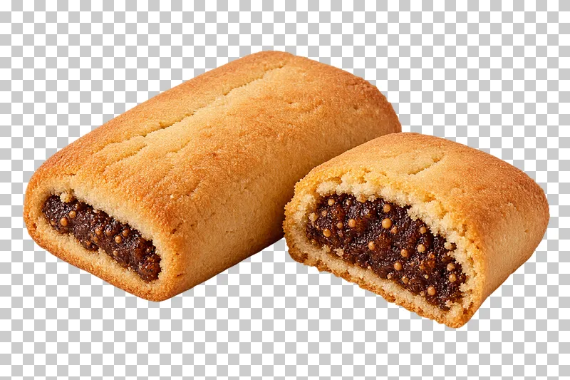 Whole rectangular fig roll beside a cut piece with dark fig filling