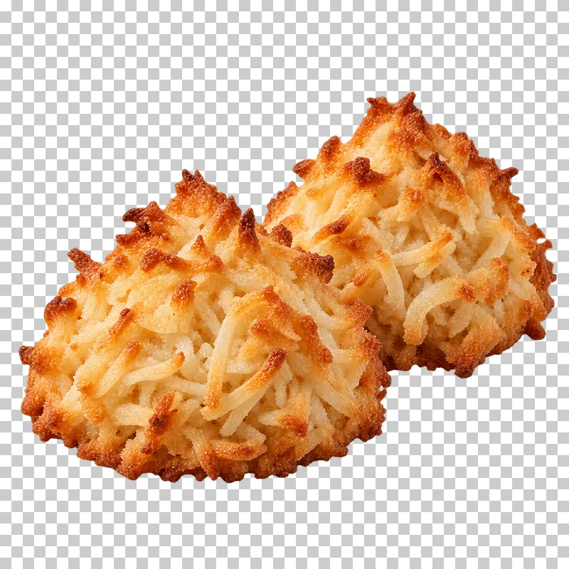 Two peaked shredded-coconut macaroons with toasted tips