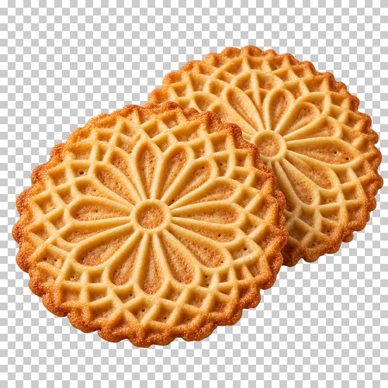 Two thin round pizzelle wafers with floral iron impressions