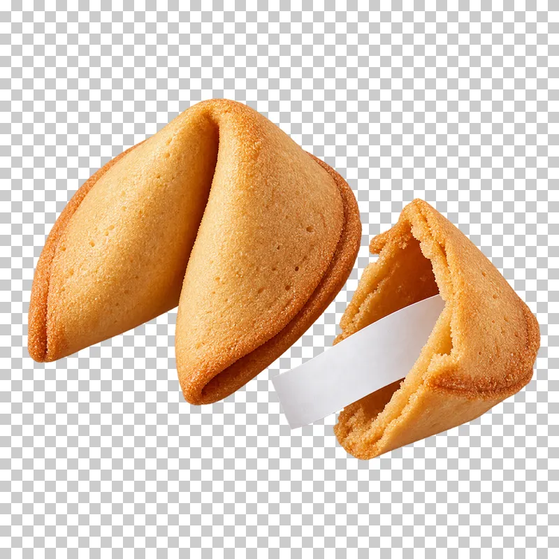 Folded fortune cookie beside an open half-shell with a blank white paper slip