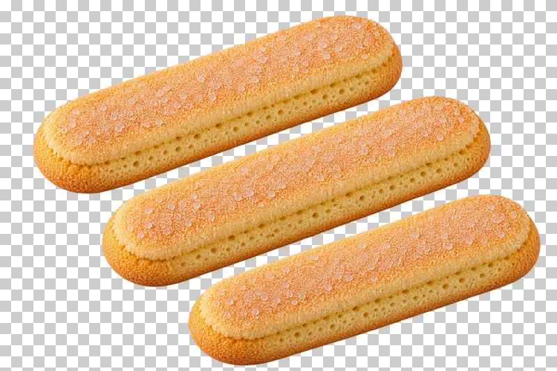 Three separate sugar-topped ladyfinger biscuits with rounded ends